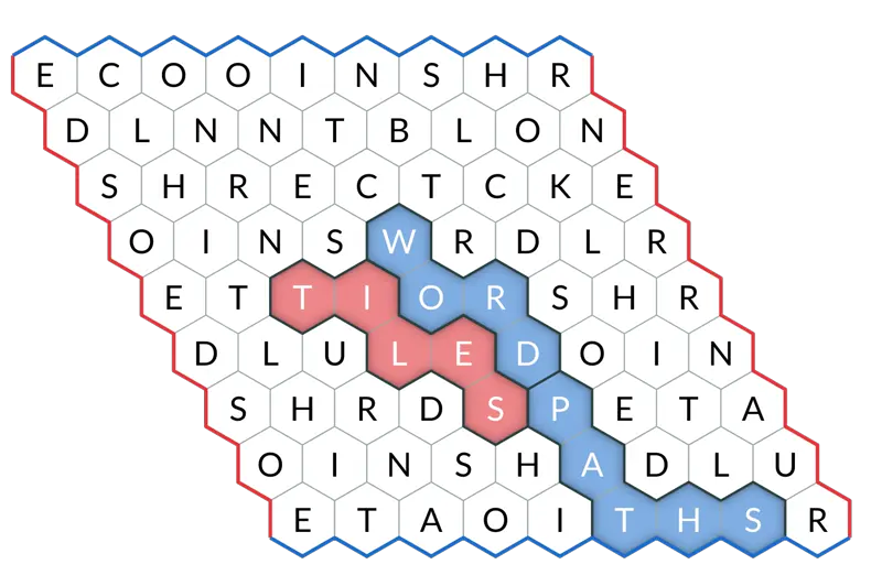 A screen capture of a hextiles board that shows the word "WORD" selected through a set of adjacent blue tiles near the middle of the board, as well as the word "TILES" selected in red nearby and a new blue word "PATHS" which spans between the "WORD" and the bottom (blue) edge.
