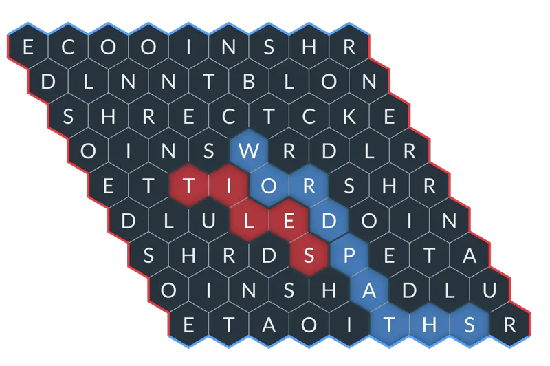 A screen capture of a hextiles board that shows the word "WORD" selected through a set of adjacent blue tiles near the middle of the board, as well as the word "TILES" selected in red nearby and a new blue word "PATHS" which spans between the "WORD" and the bottom (blue) edge.