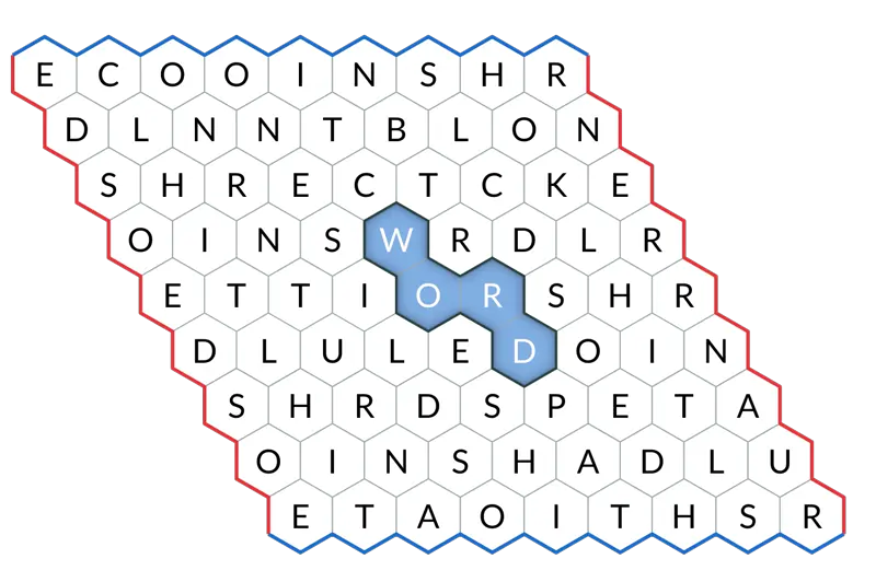 A screen capture of a hextiles board that shows the word "WORD" selected through a set of adjacent blue tiles near the middle of the board.