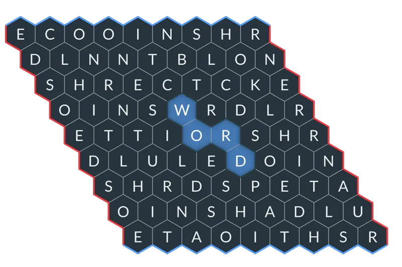 A screen capture of a hextiles board that shows the word "WORD" selected through a set of adjacent blue tiles near the middle of the board.